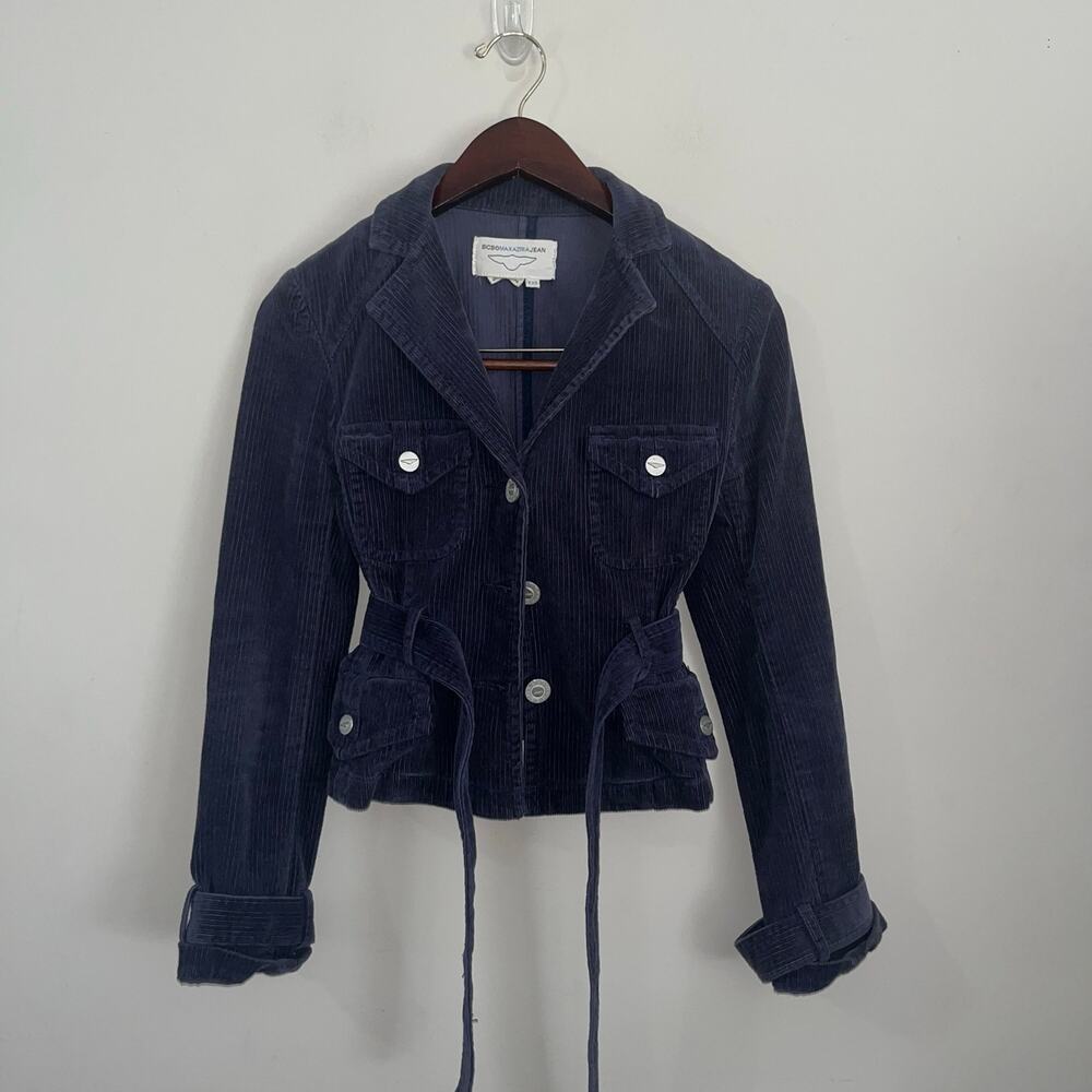 Vintage VTG Y2K BCBGMaxazria Navy Bkue Velvet Corduroy Button Up Jacket (H4N6)